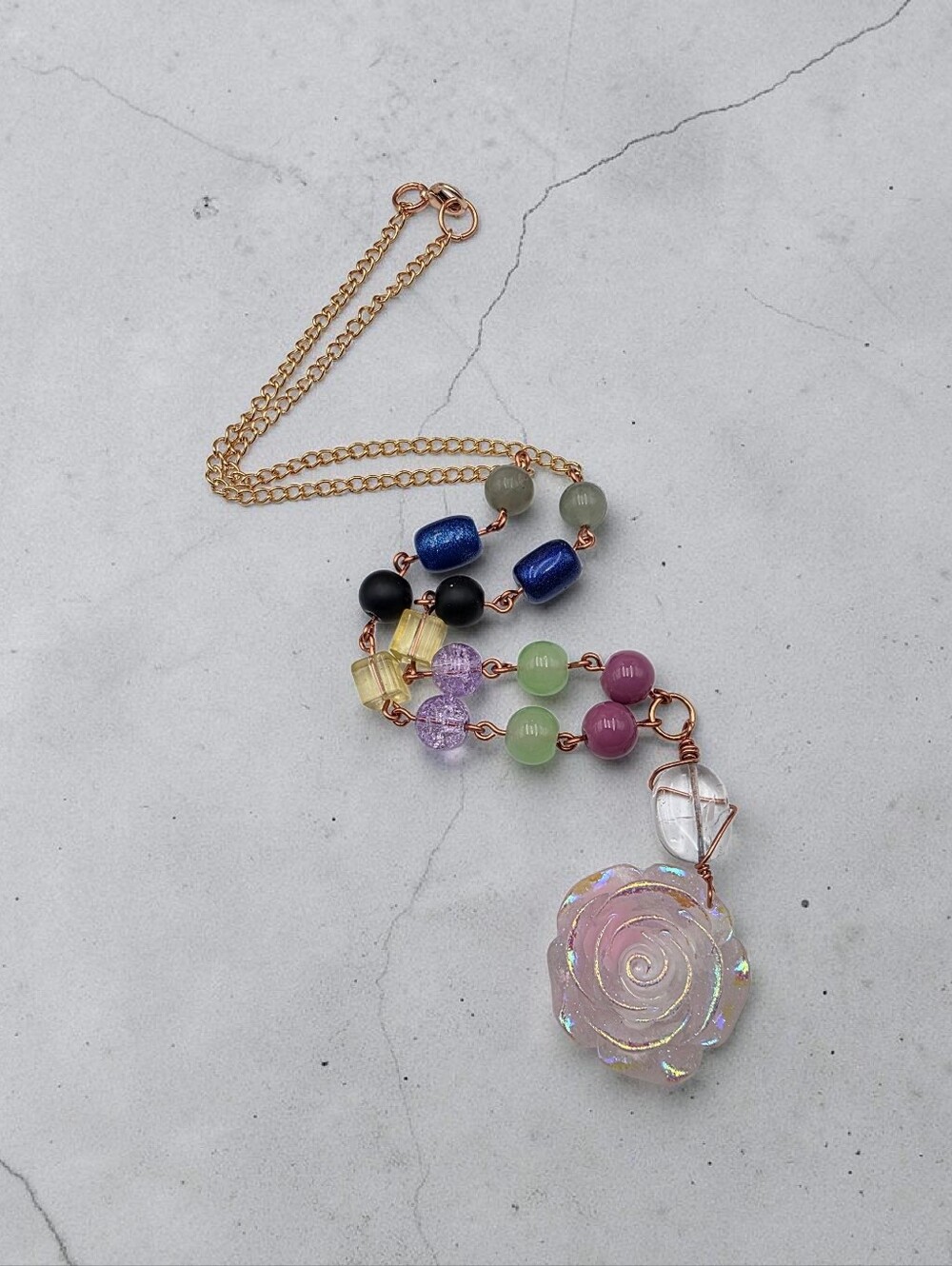 Iridescent Rose Pendant Bead Necklace - Multicolor Gold-Tone Chain